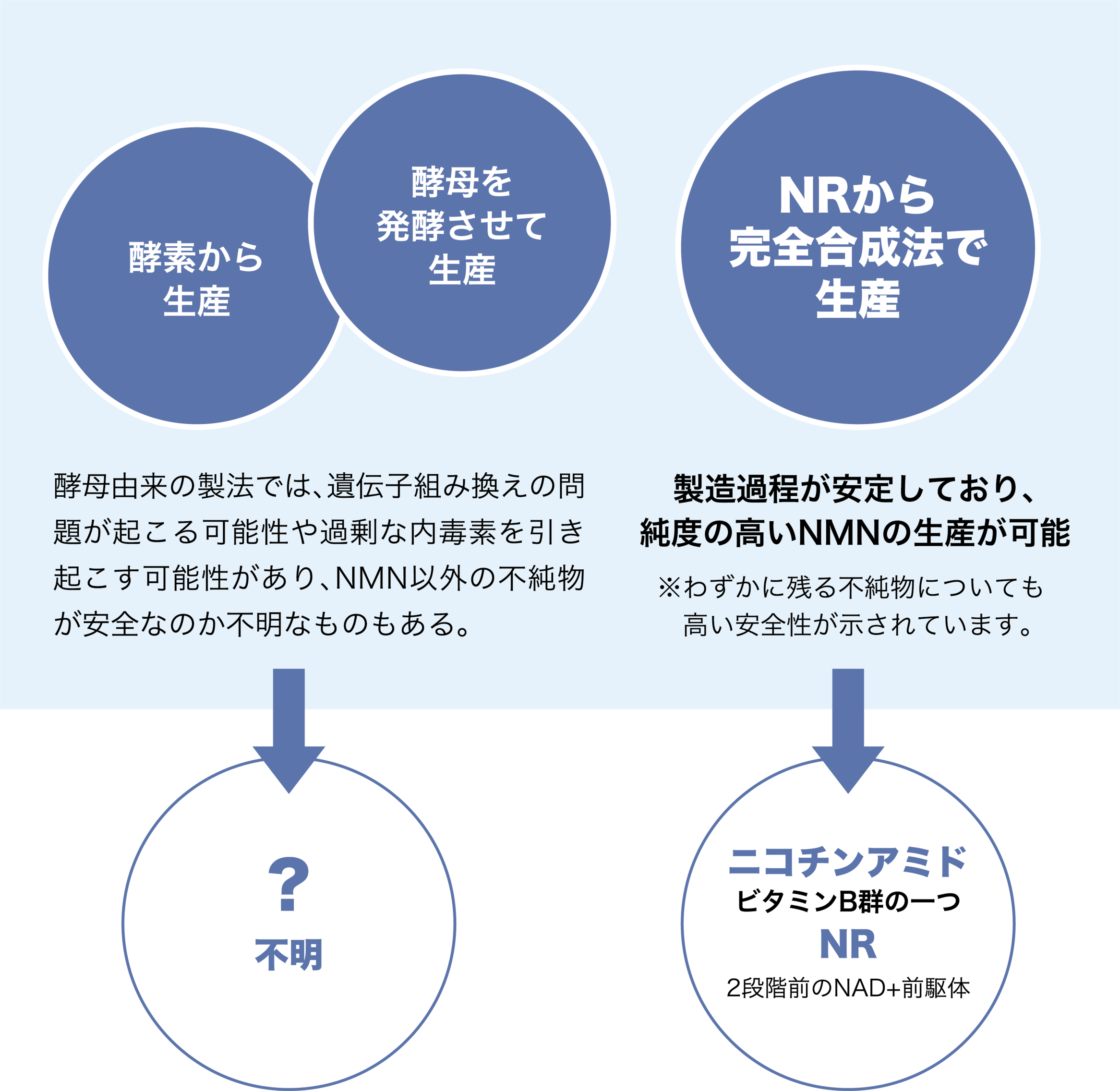 酵母由来の製法では､遺伝子組み換えの問題が起こる可能性や過剰な内毒素を引き起こす可能性があり､NMN以外の不純物が安全なのか不明なものもある｡　製造過程が安定しており､純度の高いNMNの生産が可能 ※わずかに残る不純物についても高い安全性が示されています｡